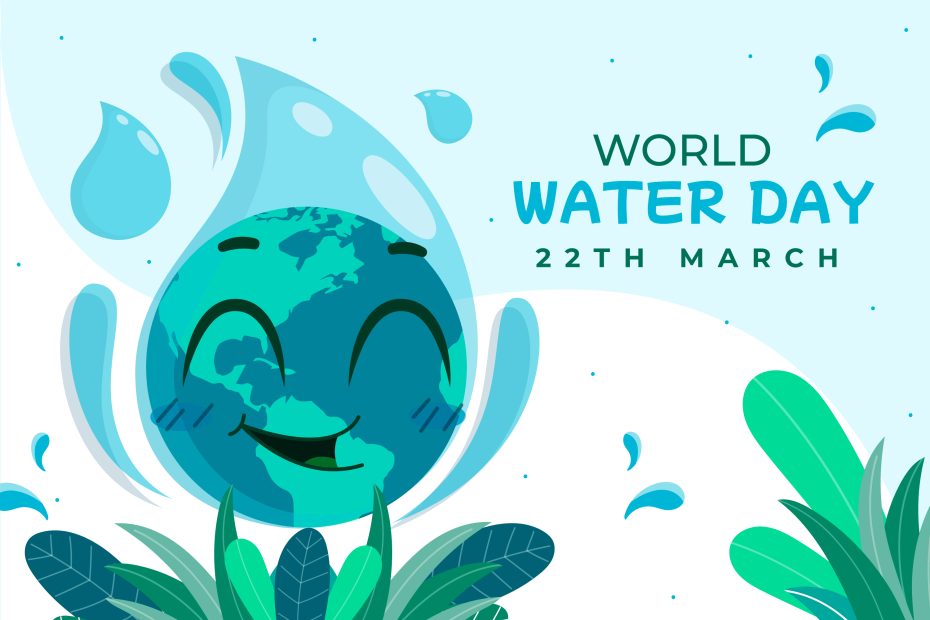 Image of a smiling water drop with a title that reads "World Water Day" and 22th March.